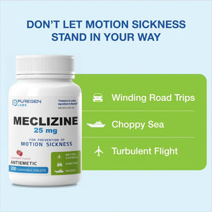 Puregen Labs Meclizine 25 mg Antiemetic 200 chewable Tablets | Motion Sickness Relief - Prevent Nausea, Vomiting, and Dizziness | Dairy Free | Value Pack – 200 chewable Tablets P Puregen Labs buy supplements Au