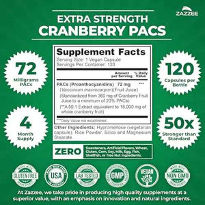 Zazzee Cranberry PACs, 72 mg PACs per Capsule, 2X Strength, 100% Soluble, 120 Vegan Capsules, 50:1 Extract, 18,200 mg Strength, Fast-Acting, Effective Urinary Tract Support, Made in The USA