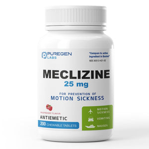 Puregen Labs Meclizine 25 mg Antiemetic 200 chewable Tablets | Motion Sickness Relief - Prevent Nausea, Vomiting, and Dizziness | Dairy Free | Value Pack – 200 chewable Tablets P Puregen Labs buy supplements Au