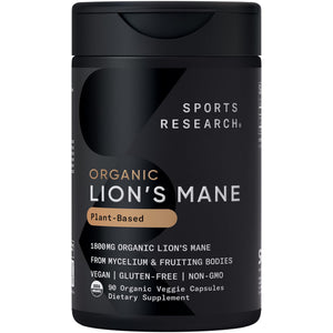 Sports Research® Organic Lion's Mane Mushroom Supplement 1800mg - Brain Health, Focus & Cognitive Supports - USDA Certified Organic · Non-GMO · Vegan - 90 Count Capsules Sports Research buy supplements Au