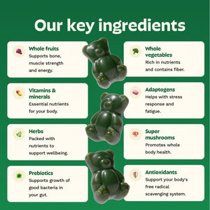 Gruns Sugar-Free Super Greens Gummies, Multivitamin Superfood Gummy Bears, Spirulina, Chlorella, Prebiotics & Fiber gummies for Digestive Health, Adaptogens Supplement, 20 Vitamins & Minerals, 10 pack GrünsBuy Supplements Australia