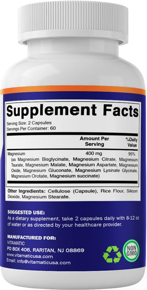 Vitamatic Magnesium Complex, 400mg Elemental MG (as Bisglycinate, Citrate, Taurate, Malate, Aspartate, Oxide, Gluconate, Lysinate Glycinate, Orotate, Succinate) - 120 Capsules per Pack - 2 Pack Vitamatic buy supplements Au