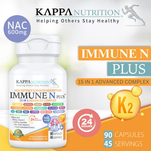 (60 Capsules), NAC 600mg, Quercetin 1,000mg, Vitamin C 500mg, Zinc 50mg, Vitamin D3 5,000iu, Selenium, Copper, Acerola, Ginger, Rutin, Citrus Bioflavonoids, Rose Hips, Echinacea, Immune N Plus 15 in 1 KAPPA NUTRITION buy supplements Au