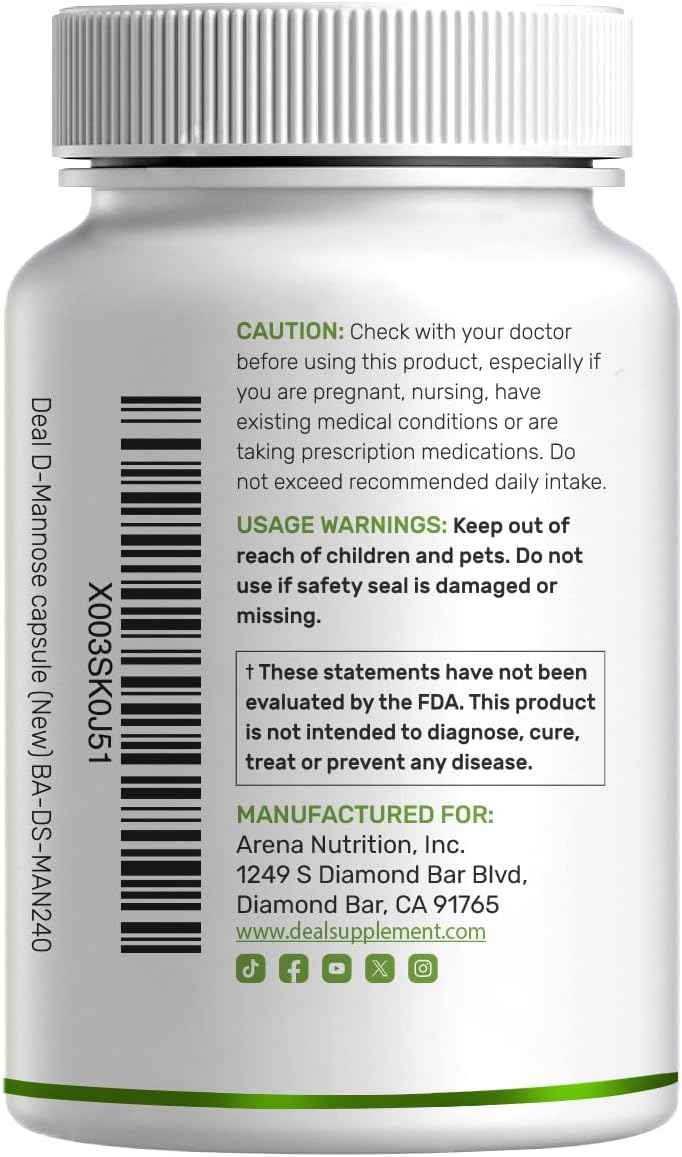 DEAL SUPPLEMENT D Mannose 500mg Capsules (2,000mg Per Serving), 240 Veggie Pills – Fast Acting Water-Soluble Form – Extra Strength Urinary Tract (UTI) Health Support – Non-GMO, Vegan Friendly