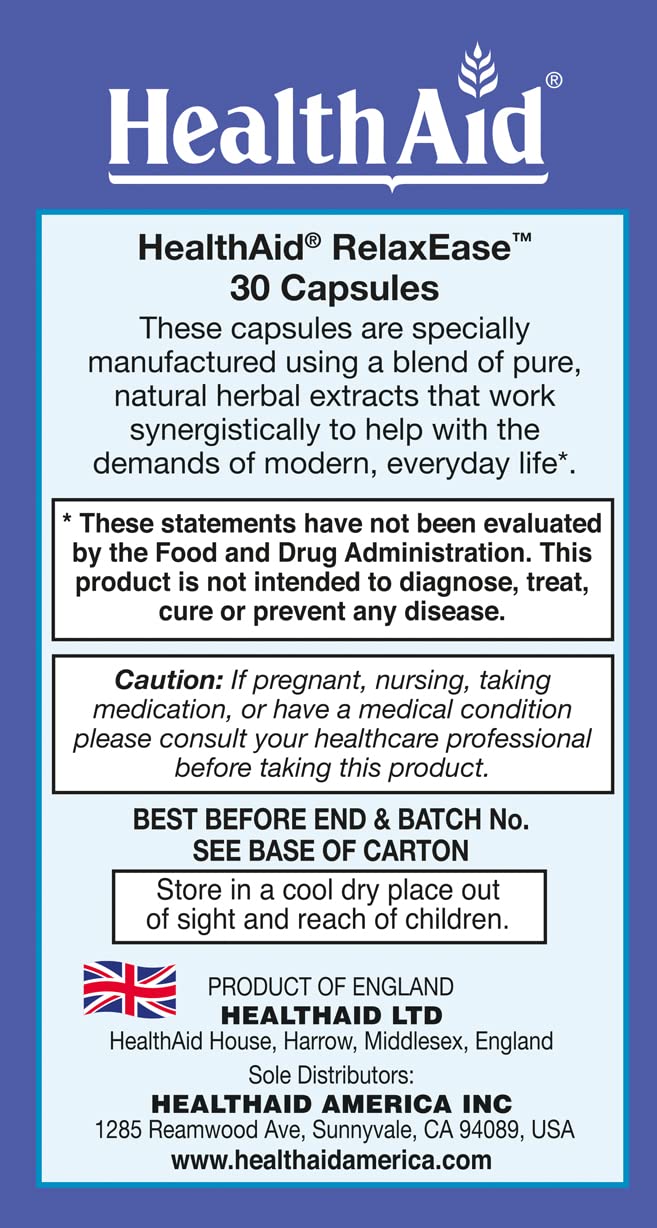 RelaxEase, Herbal Blend to Support Harmony and Tranquility, Once Daily, 30 ct, Helps Promote Health and Relaxation HealthAid buy supplements Au