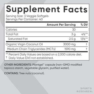 Sports Research® Organic Coconut Oil Capsules 3000MG - Cold Pressed Extra Virgin Coconut Oil with Medium Chain Triglycerides (MCTs) - Vegan Friendly & Non-GMO Verified - 120 Softgels Sports Research buy supplements Au
