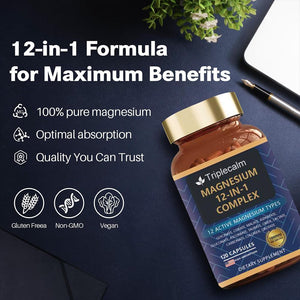 Magnesium Complex 12 in 1 Supplement - 12 Elemental 1000mg - Magnesium Glycinate, Citrate, Malate, Taurate - High Absorption,for Muscle, Nerve & Sleep Support - 120 Capsules Triplecalm buy supplements Au