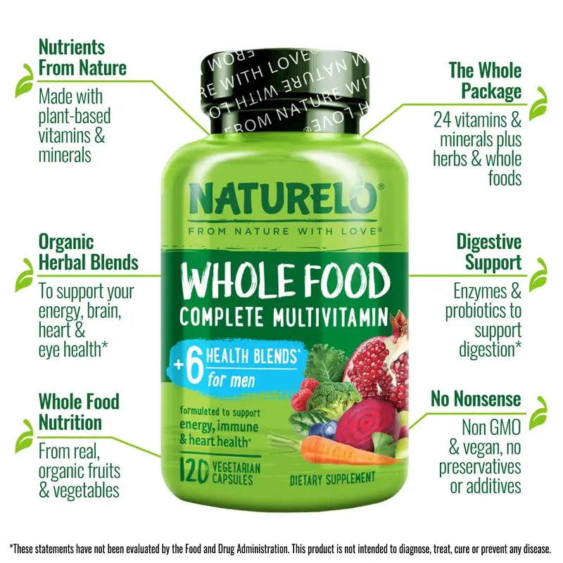 NATURELO Mens Multivitamins - Whole Food Multivitamin for Men with Vitamins, Minerals - 120 Vegetarian Capsules for Energy, Brain, Heart, Eye Health* NATURELO