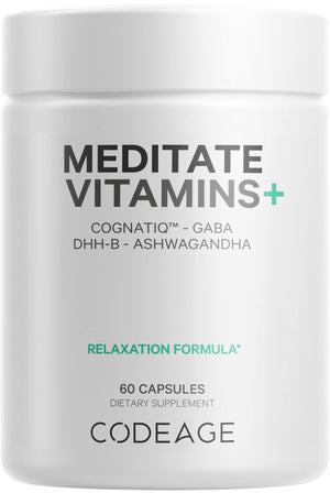 Codeage Meditate Vitamins+ Supplement - CognatiQ, DHH-B, GABA, Ashwagandha, Organic Mushrooms, Blueberries - BDNF Brain Pills and Neuroprotein - Vegan, Non-GMO, Gluten-Free - 60 Capsules CodeageBuy Supplements Australia