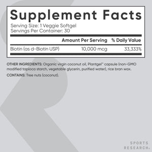 Sports Research® Biotin 10,000mcg with Organic Coconut Oil - Biotin (Vitamin B7) for Healthy Skin and Hair Support* - for Women and Men - Vegan, Non-GMO, Gluten & Soy-Free - 30 Veggie Softgels Sports Research buy supplements Au