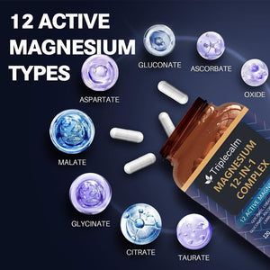 Magnesium Complex 12 in 1 Supplement - 12 Elemental 1000mg - Magnesium Glycinate, Citrate, Malate, Taurate - High Absorption,for Muscle, Nerve & Sleep Support - 120 Capsules Triplecalm buy supplements Au