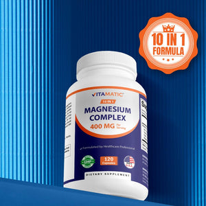 Vitamatic Magnesium Complex, 400mg Elemental MG (as Bisglycinate, Citrate, Taurate, Malate, Aspartate, Oxide, Gluconate, Lysinate Glycinate, Orotate, Succinate) - 120 Capsules per Pack - 2 Pack Vitamatic buy supplements Au