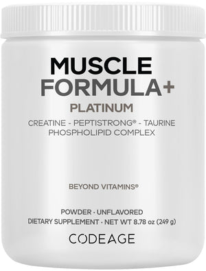 Codeage Muscle Formula+ Platinum Supplement - Creatine Monohydrate, PeptiStrong Fava Bean Protein Hydrolysate, Taurine, Vitamin D3, Liposomal Delivery - Non-GMO - Unflavored Protein Powder - 8.78 Oz CodeageBuy Supplements Australia