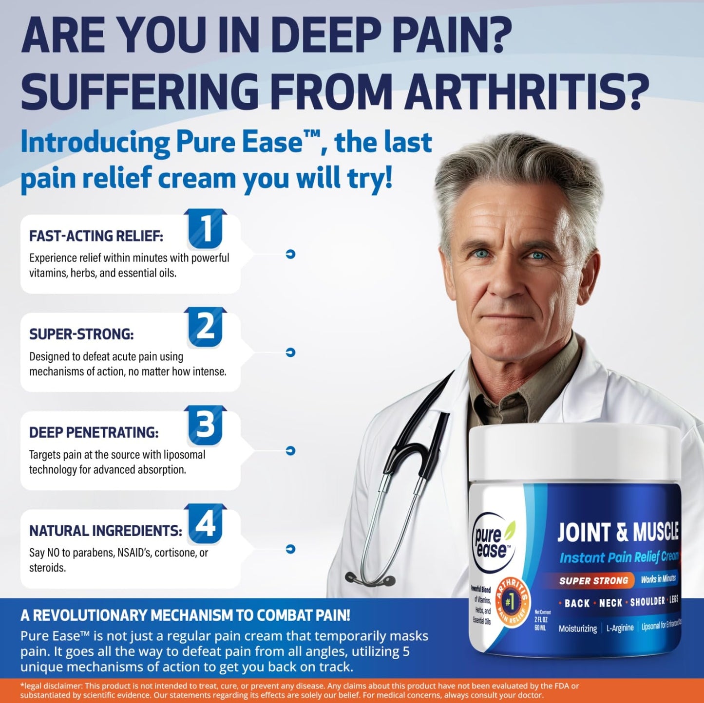 Pure Ease Arthritis Pain Relief Cream for Back 3 in 1 Maximum Instant Relief 2 OZ - Fast-Acting Muscle Pain Cream Extra Strength Joint & Knee - Powerful Formula for Neck Shoulder & Lower Back