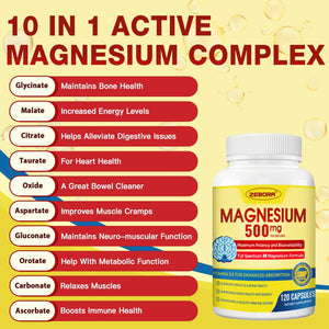 10-in-1 Magnesium Complex Supplement, Magnesium Glycinate 500mg with Citrate & Malate, Chelated High Absorption Plus Vitamin D3 & Zinc - for Nerve, Muscle & Bone Support - 120 Capsules ZEBORA buy supplements Au