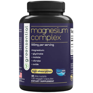 Supplement bottle labeled ' magnesium complex' with black cap and purple label on a white background