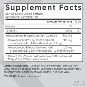 Sports Research® Ashwagandha Softgels with Coconut MCT Oil - Natural Ayurvedic Adaptogen Made with Shoden® Ashwa for Relaxation, Calm & Sleep Support - Gluten Free & Vegan Friendly - 120 Count Sports Research buy supplements Au