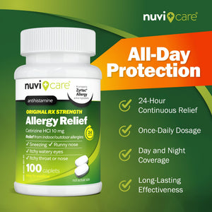 Nuvicare 24-Hour Allergy Medicine - Cetirizine Hydrochloride 10mg Tablets - Compare to the Active Ingredient in Zyrtec Antihistamine Meds - Generic Allergy Pills for All Day Allergy Relief (100 Count) NUVICARE buy supplements Au