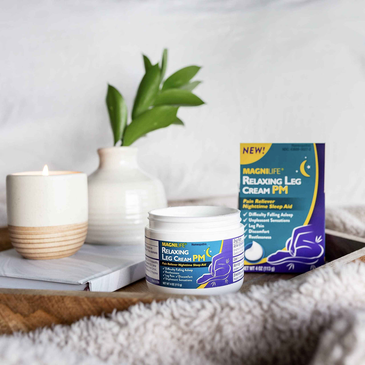 MagniLife Relaxing Leg Cream PM, 4 Oz, Homeopathic Nighttime Pain Reliever & Sleep Aid with Lavender & Magnesium, Non-Greasy Deep Penetrating Cream for Restless Legs & Discomfort