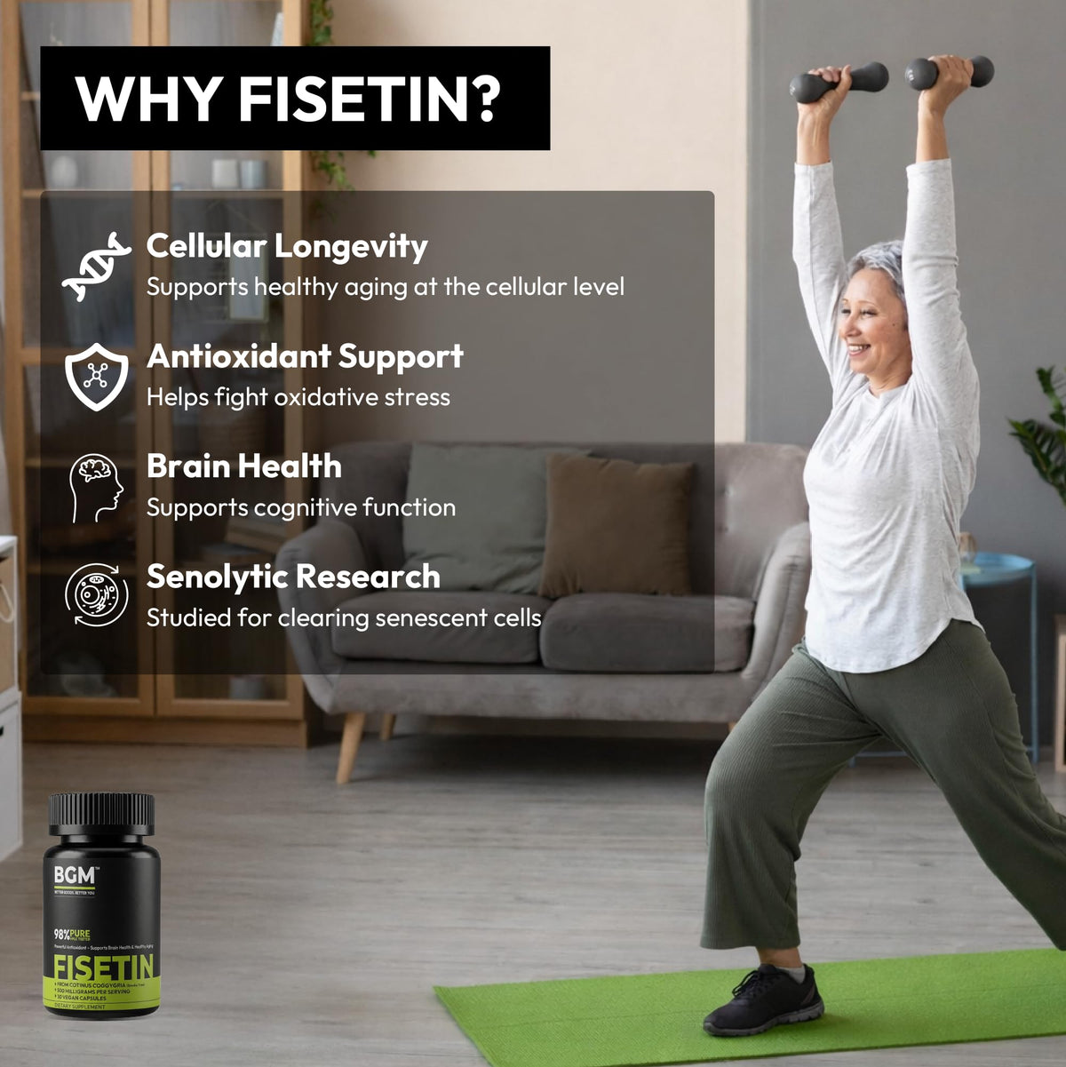 BGM Fisetin 500mg Supplement | Smoke Tree Extract (Cotinus coggygria) | 98% Pure Senolytic Antioxidant | Vegan Capsules | Supports Brain Health & Healthy Aging BGM Better Goods, Better YouBuy Supplements Australia
