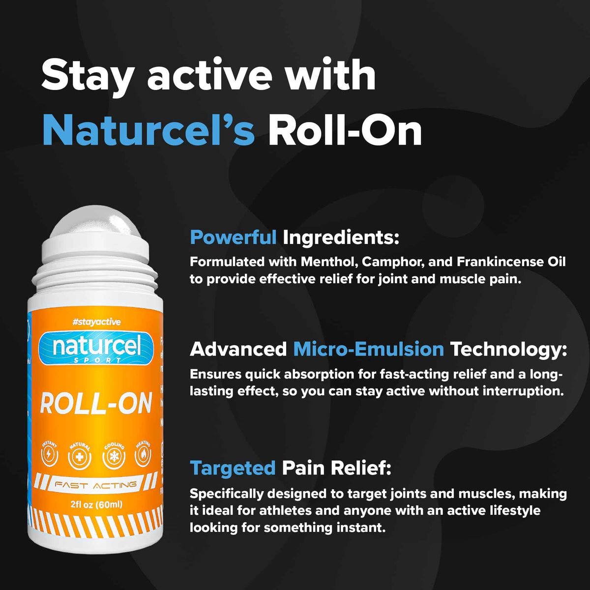 Naturcel Sport Roll-On, 2FL OZ, Topical Reliever for Aches and Pains of Muscles and Joints, Cooling, Fast Acting, Mess Free Massage Roller, Colorless