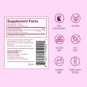 Supplement ProductLove Wellness Urinary Tract* Quick Melt Strips - Fast-Dissolving UT Support with 36 mg PACs from Cranberry Fruit Extract - Promotes Urinary Health* - No Water Needed - Vegan and Sugar Free - 32 Strips - GlowUpCaUSA