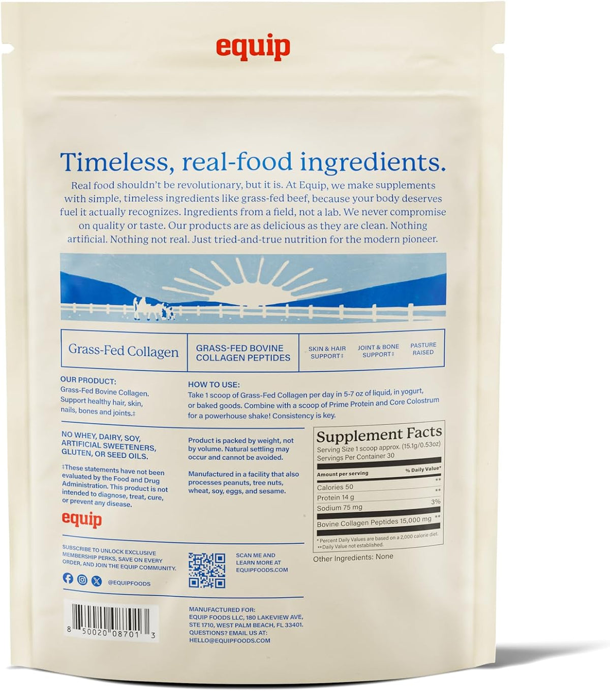 Equip Foods Grass Fed Collagen Powder | Hydrolyzed Bovine Collagen Peptides with Amino Acids | Prime Beef Collagen for Healthy Joints, Skin & Nails | Non-GMO, Paleo Friendly | 30 Servings, Unflavored