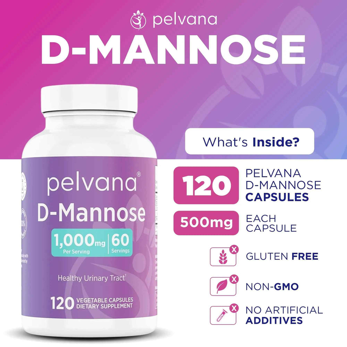 Pelvana D-Mannose 120 Capsules (500mg Each) – 1000mg per Serving – Assists & Maintains Healthy Urinary Tract, Flushes Impurities, Pure Ingredients, Gluten-Free – Third-Party Lab Tested, Made in USA