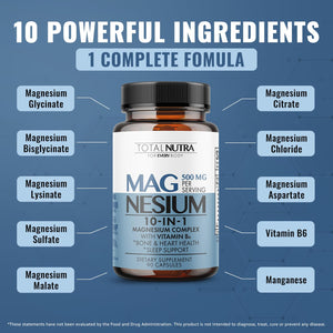 10-in-1 Magnesium Supplement 500 mg | High Absorption Magnesium Complex with Mag Glycinate, Citrate, Vitamin B6 Magnesium for Sleep, Muscle, Bone & Heart Health, Vegan & Gluten-Free, 45 Day Supply Total Nutra buy supplements Au