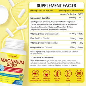 10-in-1 Magnesium Complex Supplement, Magnesium Glycinate 500mg with Citrate & Malate, Chelated High Absorption Plus Vitamin D3 & Zinc - for Nerve, Muscle & Bone Support - 120 Capsules ZEBORA buy supplements Au