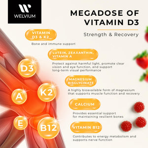 WELVIUM Vitamin D3 K2 Gummies 10000 IU with Magnesium Glycinate, Calcium, B12, K2 MK-7, Vitamins A, E, Lutein, Zeaxanthin - ADK Chewable Supplement for Bone, Eye, Immune Support - D3K2 Gummies WELVIUMBuy Supplements Australia