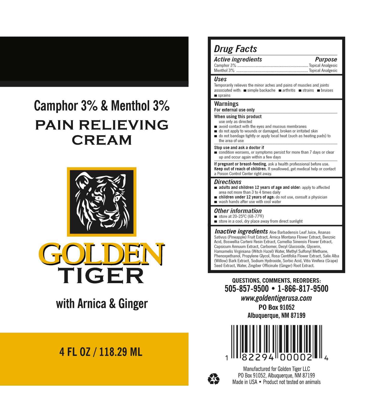 Golden Tiger Pain Relief Cream - 4 oz Tube