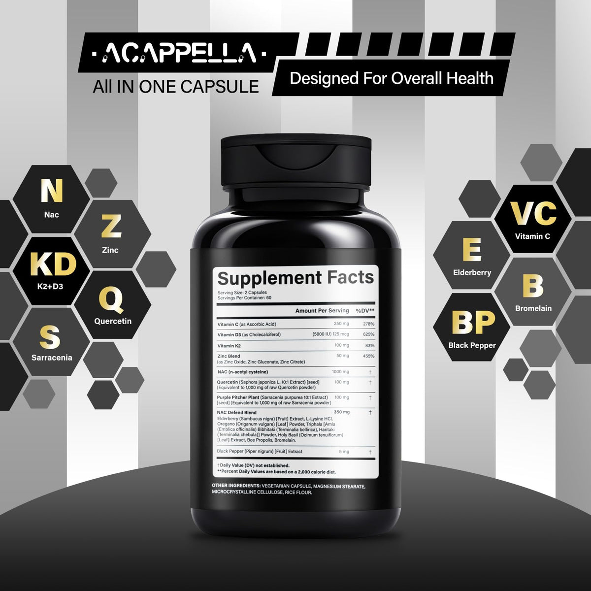 ACAPPELLA N-Acetyl Cysteine Vitamin D3 K2 Zinc Quercetin Sarracenia Purpurea NAC Supplement with Elderberry Holy Basil Bee Propolis Bromelain L-Lysin for Men & Women (1) ACAPPELLA buy supplements Au