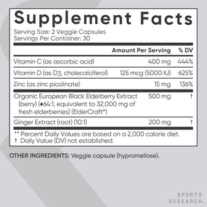 Sports Research® Elderberry Immune Support with Zinc, Ginger, Vitamin C & D3 - Vegan Friendly · Non-GMO · Gluten Free - 60 Veggie Capsules Sports Research buy supplements Au