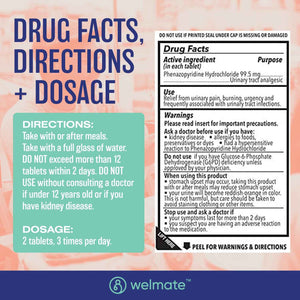 WELMATE Urinary Pain UTI Relief Maximum Strength (Phenazopyridine HCL) - Improve Urinary Tract Health & Bladder Control, Urgency, & Discomfort | Over-The-Counter Medication for Men & Women (72 Pills)