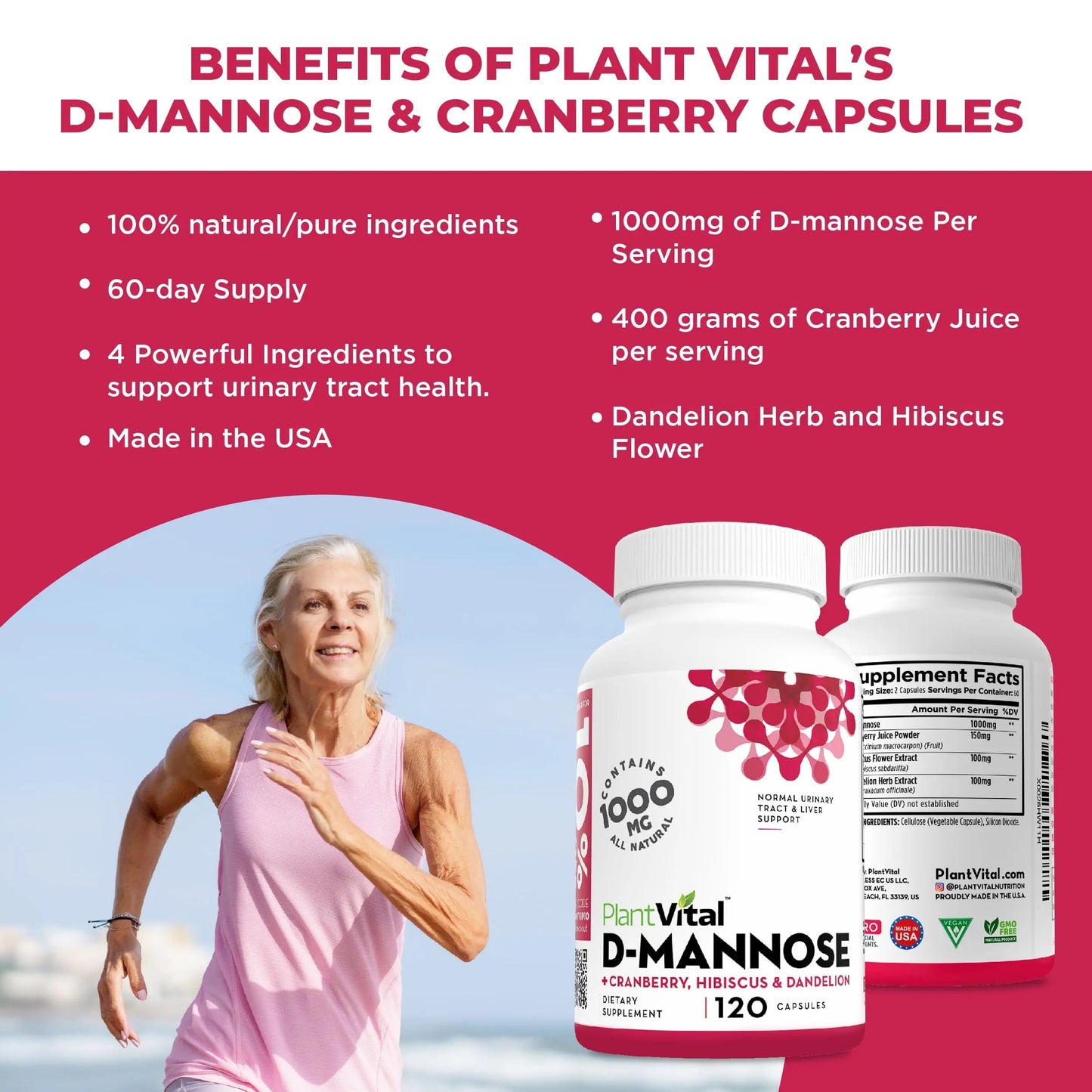 Plantvital D Mannose Capsules with Cranberry - D-mannose 1000mg Capsules - High Potency for Bladder, Kidney and Urinary Tract Support. Cranberry Powder with Hibiscus and Dandelion. 2 Months Supply