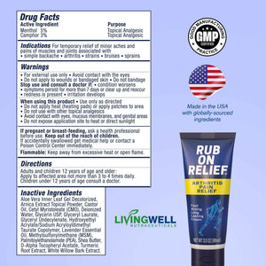 RUB ON RELIEF Arthritis Pain Relief Cream – 10-in-1 Non-Greasy Joints Pain Cream for Knees, Back, Neck, Hands, & Muscle Aches with Menthol, Camphor, Arnica, MSM & Turmeric Up to 8 Hours, 3oz (1 Pack)