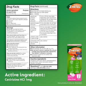 Zyrtec Children's Liquid, Kid's Antihistamine Syrup, Dye-, Sugar-, and Alcohol-Free, Pleasant Bubble Gum Flavor, Contains Cetirizine HCl Suitable for Ages 2 Years and Up, 4 fl oz Bottle Zyrtec buy supplements Au