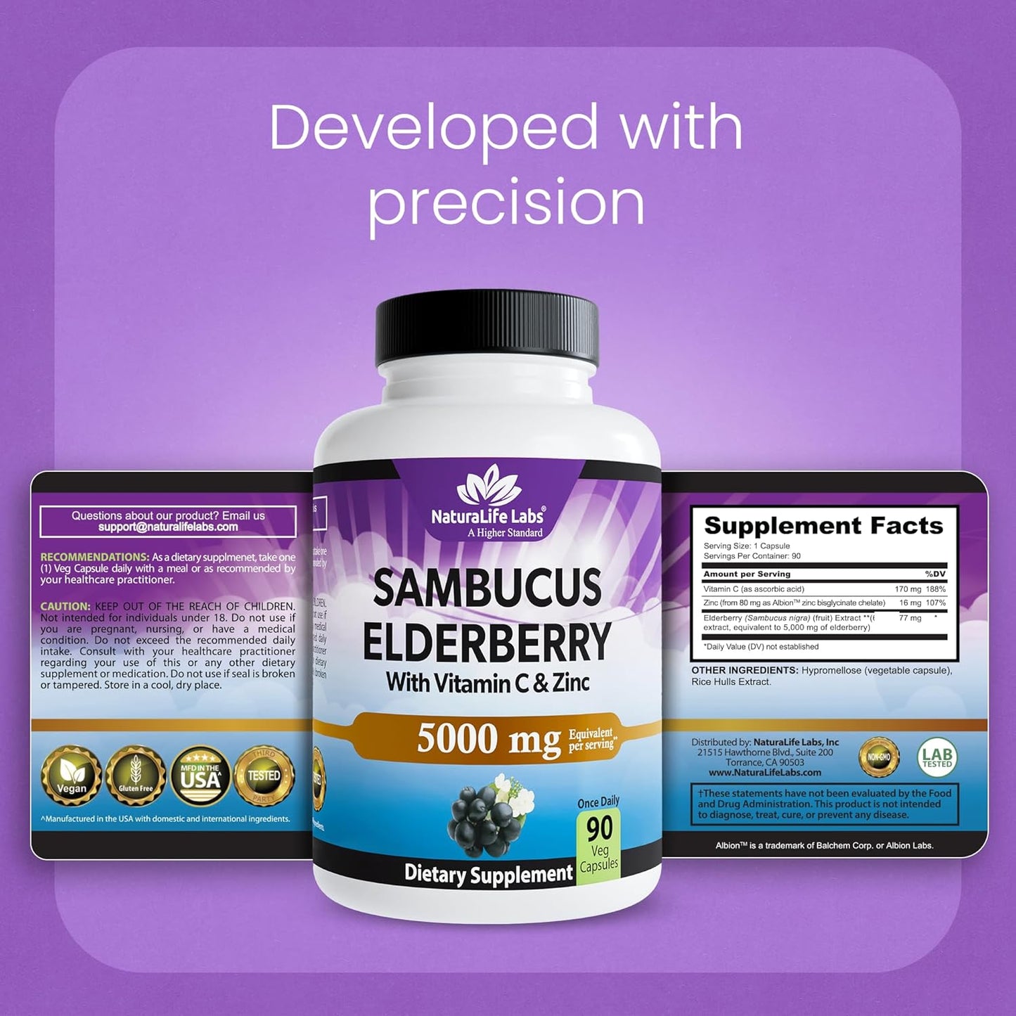 NaturaLife Labs Sambucus Elderberry Capsules – with Vitamin C & Zinc – Immune Support Supplement – 90 Vegan Capsules – Non-GMO & Gluten-Free