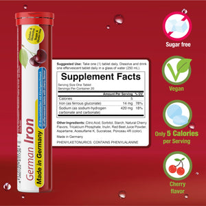 T&D German Iron 14 mg - 60 Vegan Drink Effervescent Tablets - Cherry Flavor - Made in Germany T&D buy supplements Au