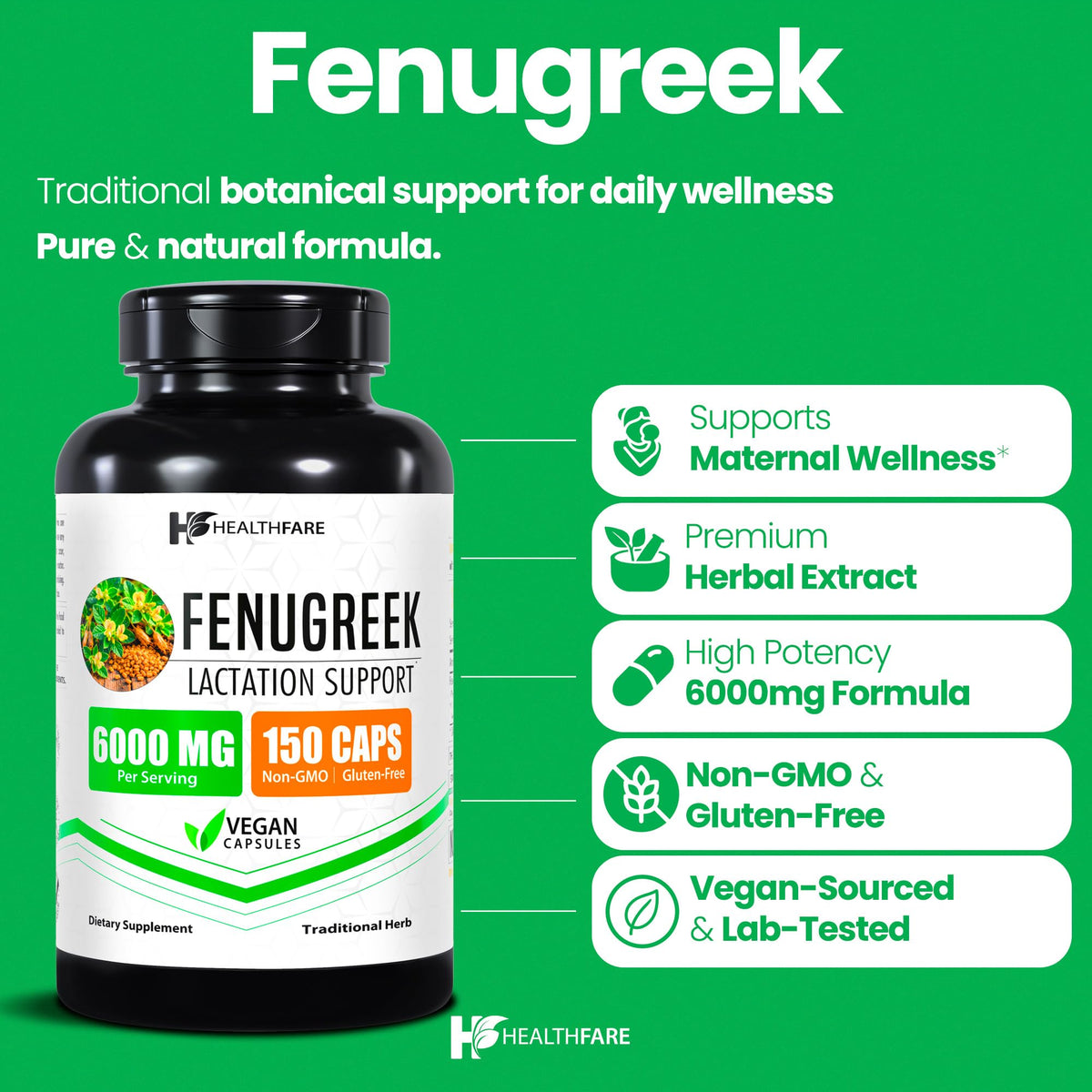 Healthfare Fenugreek Seed Extract 6000mg | 150 Vegan Capsules | Concentrated Herbal Supplement | Non-GMO, Gluten-Free | Made in USA Healthfare buy supplements Au