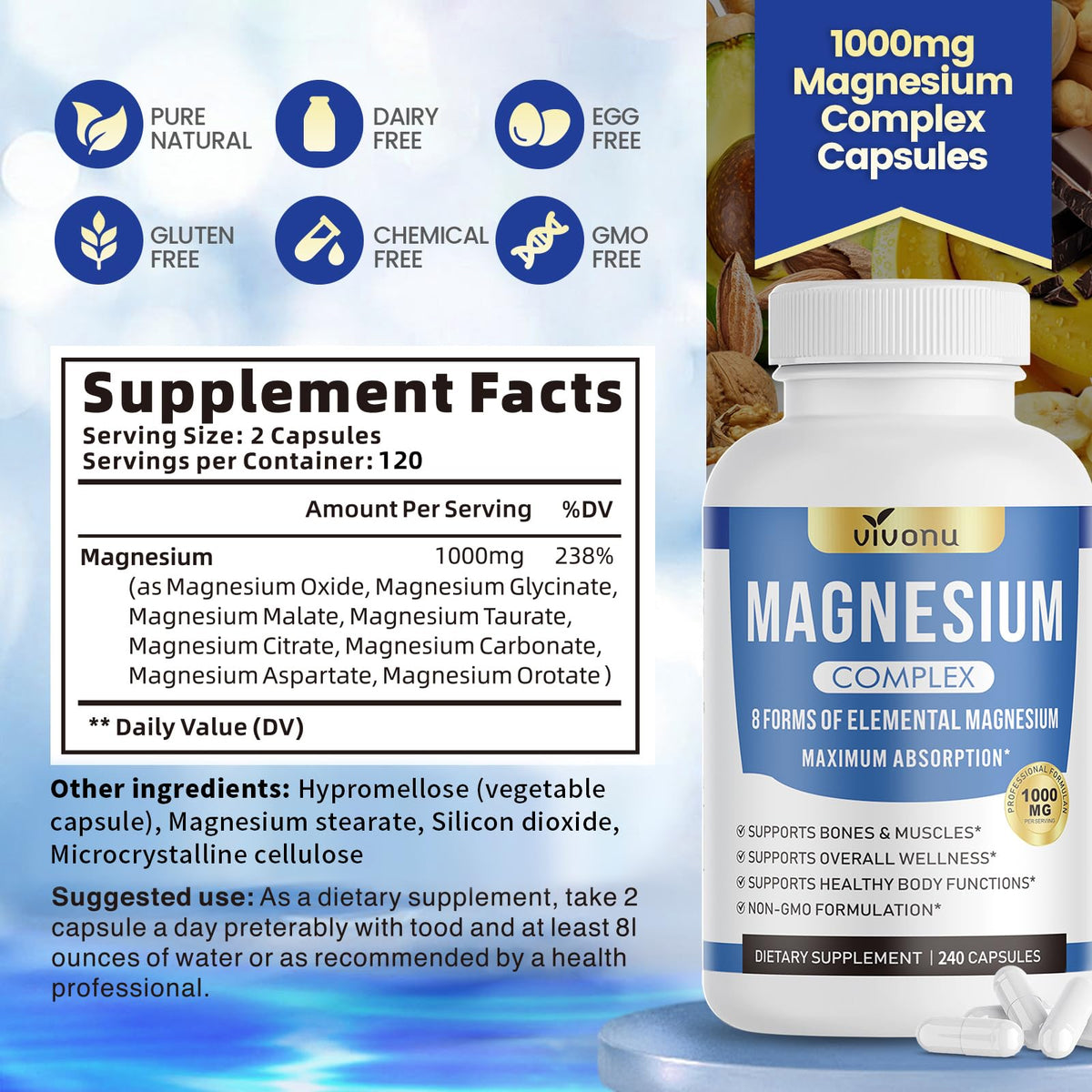 1000mg Magnesium Complex Capsules, 8-in-1 Magnesium Glycinate, Citrate, Malate, Taurate, Oxide, Carbonate, Aspartate, Orotate - 240 Capsules