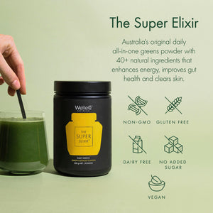 WelleCo The Super Elixir Daily Greens Powder, Probiotic Drink Mix with Whole Foods, Gluten Free, Vegan Gut Health Powder, Energy, Immunity, Healthy Skin, Hair & Nails (300g, Lemon Ginger) WelleCo buy supplements Au