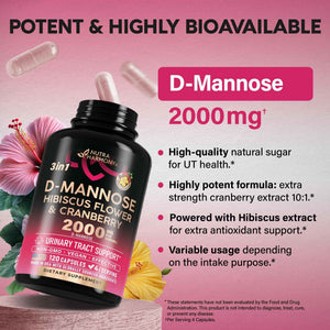 D-Mannose 2000mg with Cranberry & Hibiscus - Clinically Tested Strength for Urinary Tract Health - Supplement for Women - Bladder, Liver & Microflora Support - Made in USA - Vegan, 120 Capsules