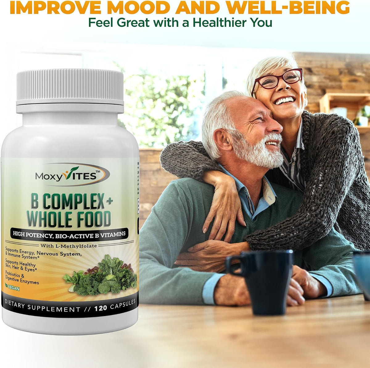 MoxyVites Vitamin B Complex - B Vitamins Whole Food Supplement, B12 Methylcobalamin, B1, B2, B3, B5, B6, B7, B9 - for Stress, Energy and Immune Support, Vegan, 120 Capsules