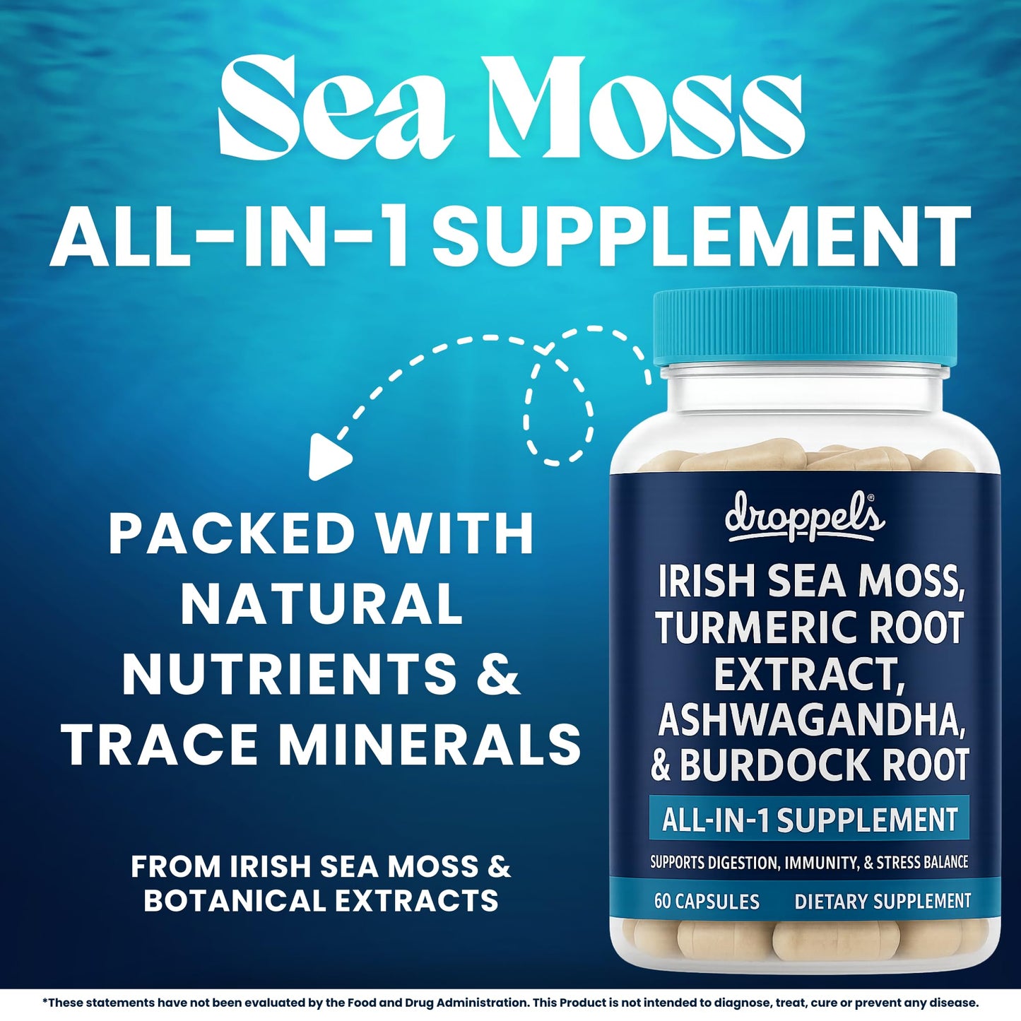 Droppels Irish Sea Moss Capsules with Turmeric Root, Ashwagandha, Black Pepper & Burdock Root – Natural Mineral Blend for Immune, Digestion, Joint & Energy Support – Vegan, Non-GMO – 60 Capsules Droppels buy supplements Au