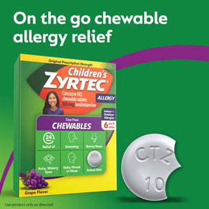Zyrtec Children's Dye-Free Chewables for 24 Hour Allergy Relief, 10 mg Cetirizine Hydrochloride Antihistamine Tablets, Kids Allergy Medicine Relieves Sneezing & Itchy Throat, Grape, 48 ct Zyrtec buy supplements Au