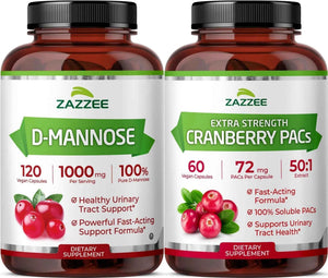 Zazzee Ultimate Urinary Tract Support Bundle | Super Concentrated Proanthocyanidin Cranberry Extract Capsules Plus D-Mannose 1000mg Capsules for UT & Bladder Cleansing (60 Servings Each)