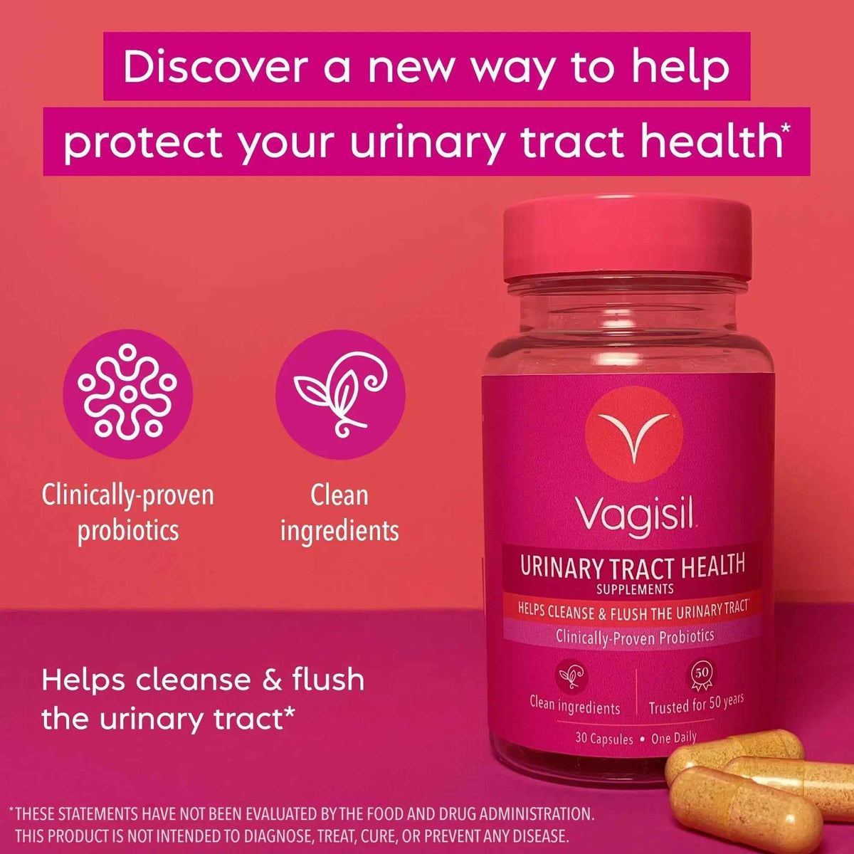 Vagisil Urinary Tract Health Supplements, Clinically-Proven Probiotics, Protects Urinary Tract Health, Clean Ingredients, Helps Cleanse and Flush UTI-Causing Bacteria, 1 Capsule Daily, 30 Capsules