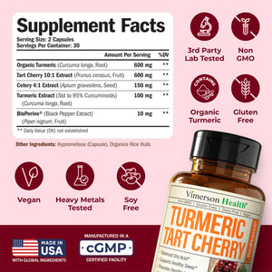 Turmeric Curcumin Supplement with 10:1 Tart Cherry Extract & Celery Seed Extract – Natural Uric Acid Balance, Joint Health & Sleep Aid – Turmeric Curcumin with Black Pepper – 60 Tart Cherry Capsules Vimerson HealthBuy Supplements Australia